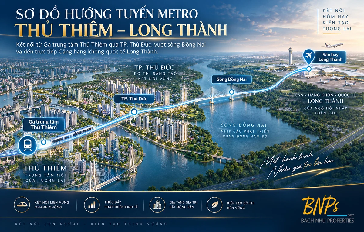 Sơ đồ hướng tuyến dự án Metro Thủ Thiêm Long Thành kết nối trung tâm TP HCM và sân bay Long Thành